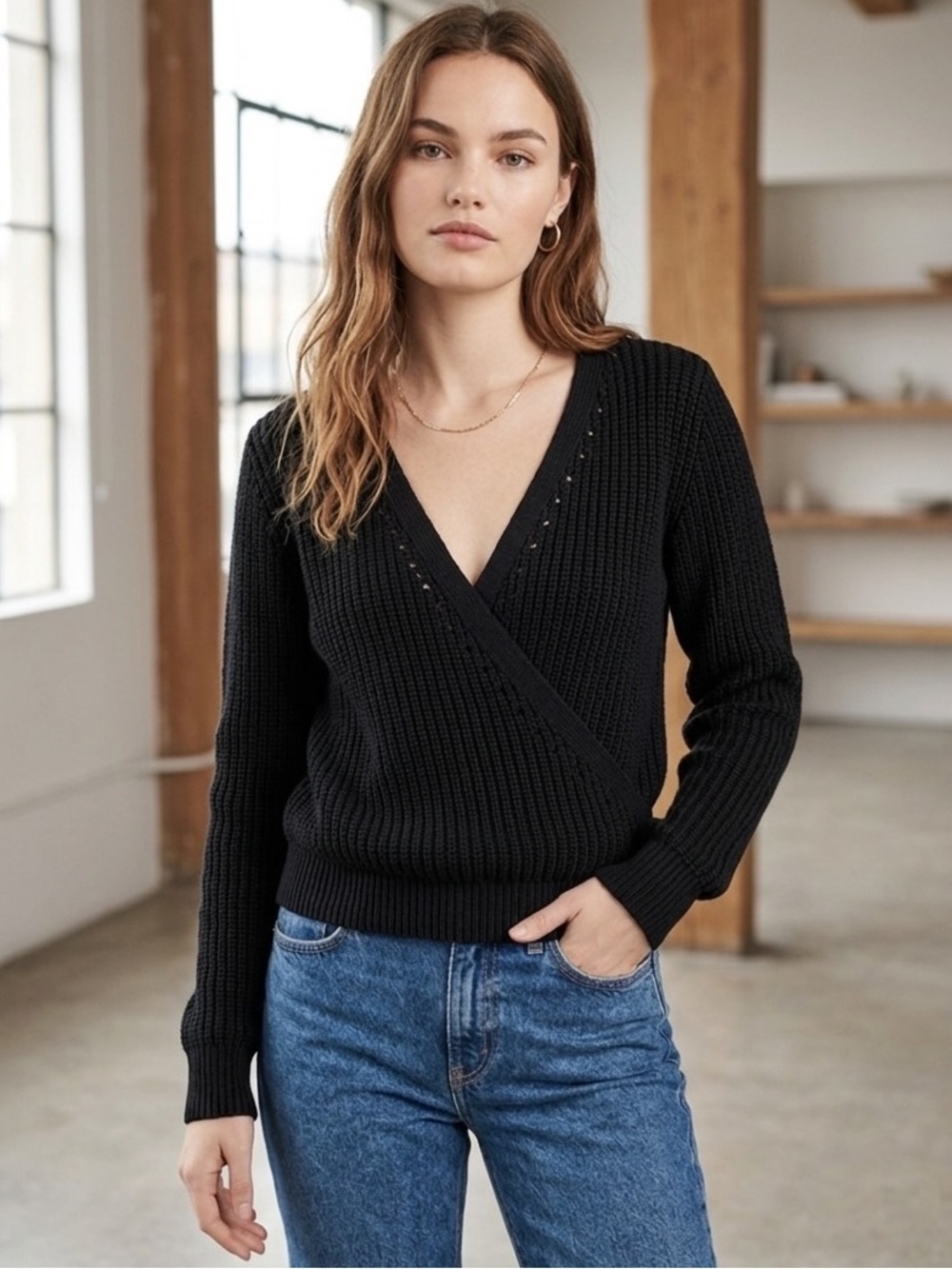 Abercrombie Faux Wrap Ribbed Sweater Black V-Neck Knit Top Size S